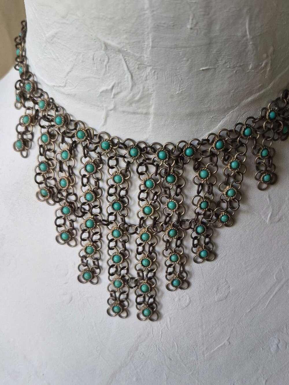 Vintage Brass Chainmail Turquoise silver tone Bib Choker Tribal Boho Necklace